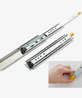 Heavy Duty Locking Drawer Slides With Soft Close Telescoping Ball Bearing Rails 600mm Industrial Drawer Runners For Cabinets Vans Trucks Merchandising Shelves And Vending Machines, close-up of hand activating lock