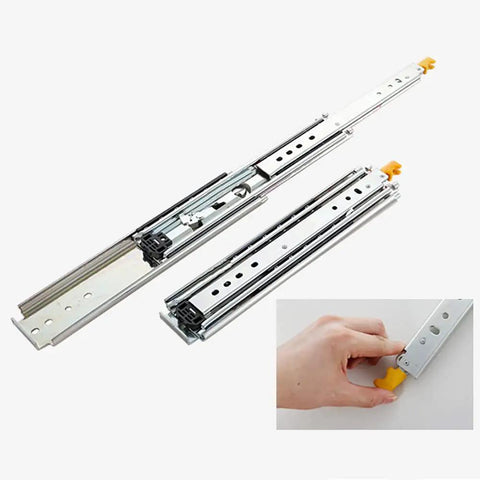 Heavy Duty Locking Drawer Slides With Soft Close Telescoping Ball Bearing Rails 600mm Industrial Drawer Runners For Cabinets Vans Trucks Merchandising Shelves And Vending Machines, close-up of hand activating lock