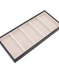 View of the Straight Up Five Grid Leather Glasses Organizer Case with five compartments for sunglasses and watches, black leather.