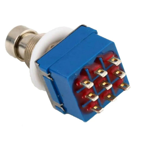3PDT Nine-Pin Box Stomp Foot Switch For Guitar Effects Pedals True Bypass Metal Build close-up with visible pins