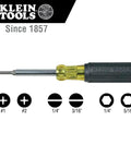 Klein Tools multi-bit screwdriver with interchangeable heads and branded handle, showcasing various bit sizes and shapes.