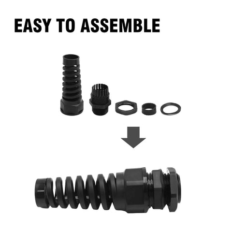 Five Pack Half Inch Strain Relief Cable Gland Kit IP68 Waterproof Nylon Spiral Joint shown in assembly steps with gaskets