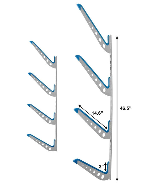 Heavy Duty Multi Level Water Ski Wall Rack Secures Four Pairs Of Skis Wakeboards And Wakesurfers With Scratch Free Padded Arms, gray and blue design.