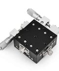 Manual Linear Positioning Stage Four Axis With 90mm By 90mm Platform, top view showing precision cross roller guide and knobs