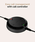 Evolve 20 Dual-Ear Wired Headset call controller, black, with easy call management buttons, USB connectivity visualized.