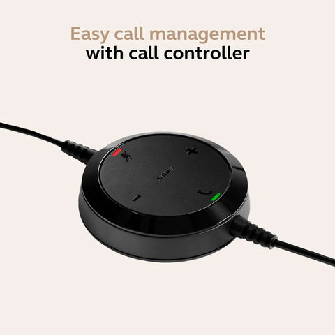 Evolve 20 Dual-Ear Wired Headset call controller, black, with easy call management buttons, USB connectivity visualized.