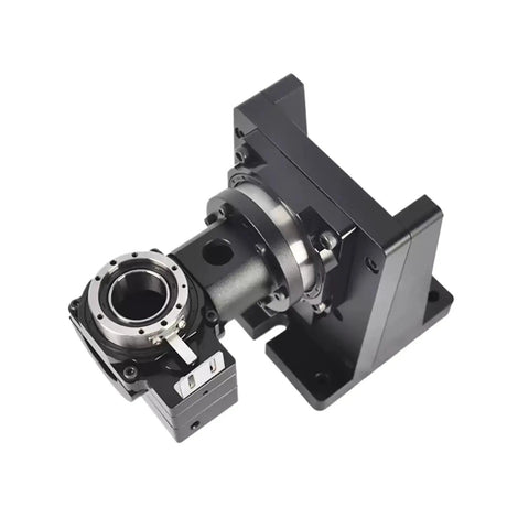 High Performance Fourth And Fifth Axis Electric Hollow Rotary Platform Delivers Dead On Precise Indexing For Cnc Machining flat view with step motor and base.