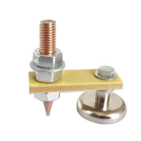 Earth Ground Connector For Auto Dent Repair And Stud Welding, metallic grounding tool with screws and golden plate, side view