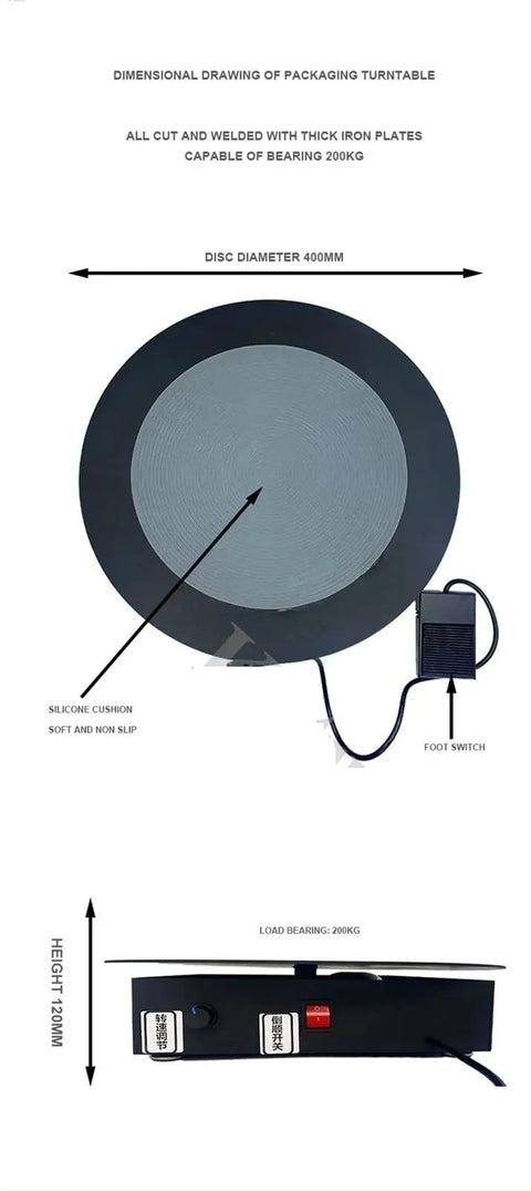 High Efficiency Electric Strapping Machine With Rotary Turntable For Carton Sealing and Tape Winding, top view of 400mm turntable with foot switch.