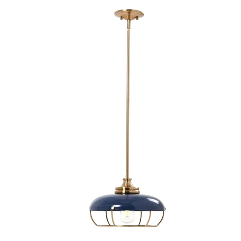 Industrial Caged Dome Metal Ceiling Light in Brushed Brass and Navy Blue Two Tone Finish For Cozy Vibe Kitchens Living Rooms And Hallways Hardwired
