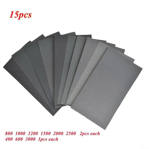 15-Piece Wet And Dry Sandpaper Set With Silicon Carbide Sheets for Metal Wood Glass and Plastic Polishing Grits 200-3000