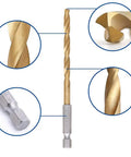 Close-up of All Purpose 13 Piece Drill Bit Set With 135 Degree Titanium Coated High Speed Steel Bits for various materials.