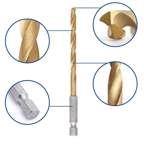Close-up of All Purpose 13 Piece Drill Bit Set With 135 Degree Titanium Coated High Speed Steel Bits for various materials.
