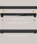 Hole Free Barn Door Soft Close Mechanism mounted on black track, showing bracket installation and Allen key setup