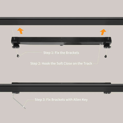 Hole Free Barn Door Soft Close Mechanism mounted on black track, showing bracket installation and Allen key setup