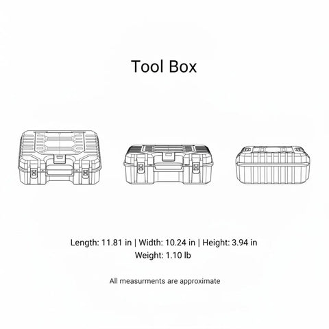 Illustration of Grab-And-Go Portable Plastic Tool Box With Handle For Hardware Storage, Red And Black, dimensions shown