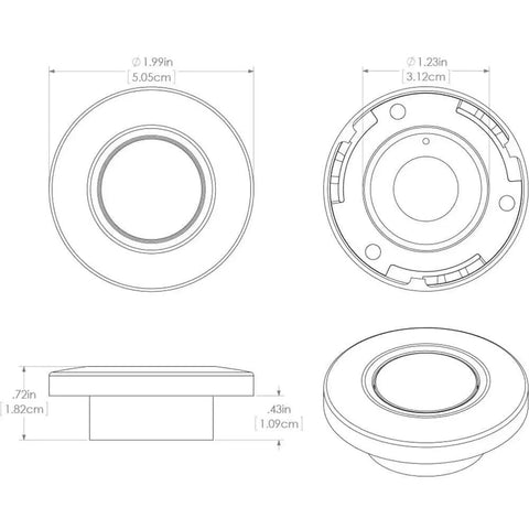 Diagram showing dimensions of Orbit White Flush Mount Down Dimmable Light With Blue Accent Ultra Slim Weatherproof Boat Cabin Ceiling Fixture