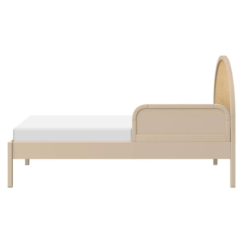 Side view of taupe twin and full bed guardrail compatible with Moab beds, non-toxic finish, GREENGUARD Gold certified for kids' safety.