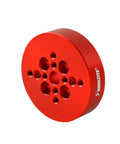Red dovetail plate adapter for telescope and camera mounts, portable groove plate, pro grade heavy duty metal build, side angle view