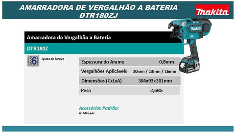 Makita 18 Volt Cordless Automatic Rebar Tying Tool With Makpac Case displayed with specifications and features.