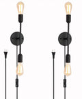 Lit Two-Light Black Bathroom Vanity Light Fixtures Set Of Two, Modern Industrial Wall Sconces With Plug-In Cord And On Off Switch