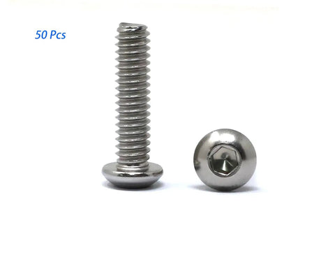 50 Pcs One Quarter Inch By Twenty Threads Per Inch Hex Socket Button Head Cap Screws Stainless Steel 304 1 Inch Long Bolts Kit For DIY Projects, Machinery And Furniture shown individually and side by side up close.