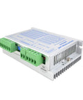 Step motor driver module in a silver metal case with green terminal blocks; front view.