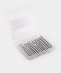 Front view of a 10-pack carbide CNC router bits in a clear plastic case; 1/8" shank, 1/16" flat-nose two-flute upcut.