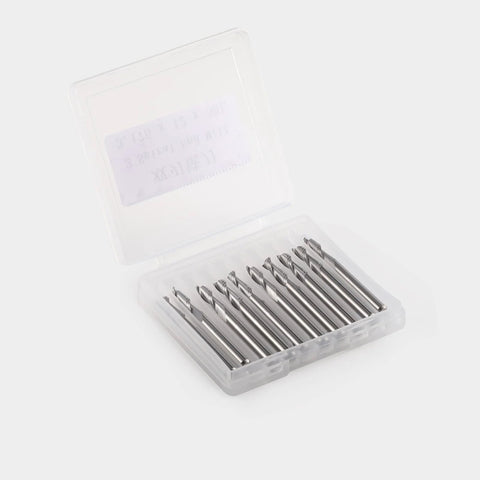 Front view of a 10-pack carbide CNC router bits in a clear plastic case; 1/8" shank, 1/16" flat-nose two-flute upcut.