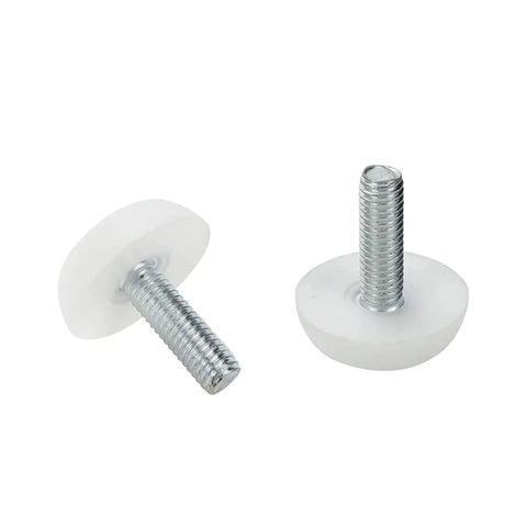 Total Game Changer Wobble Killer Set Of 16 White M6 Screw Furniture Levelers, Heavy Duty Adjustable Glide Pads, Solid As A Rock Wear Resistant Design, Fix That Shake Quick Keep Floors Sweet - close-up of two adjustable glide pads.