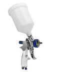 Professional Low Pressure Pneumatic Paint Sprayer With 600ML Hopper For Water Based Paint Adjustable Flow Control side view with white reservoir.