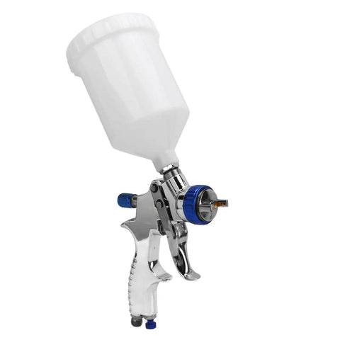 Professional Low Pressure Pneumatic Paint Sprayer With 600ML Hopper For Water Based Paint Adjustable Flow Control side view with white reservoir.