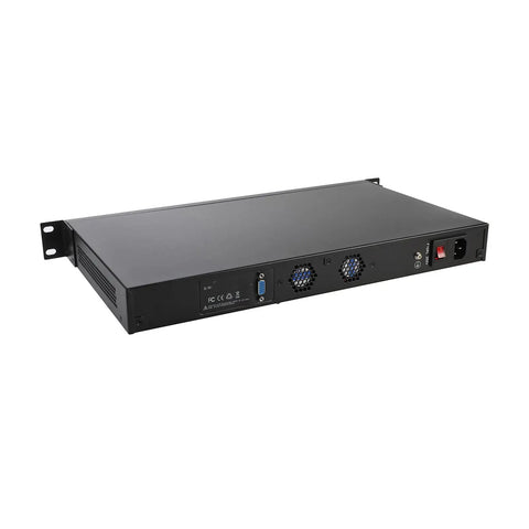Heavy Duty Open Source Firewall System Built For Drop In Opnsense And Pfsense Installation Featuring Rapid Ethernet Ports And Plug And Play Network Security Gear, black 1U chassis rear view.