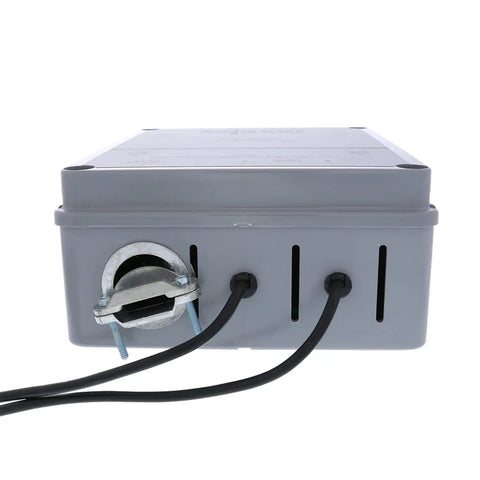 Side view of Spartan Series 8 Light Grow Controller For 240V Setups with Dual Trigger Cords, tan finish, showing cable inlets.