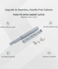 Push To Open Cabinet Latch With Magnetic Door Catch For Handle Free Kitchens And Wardrobes Keeps Doors Flush And Secure Retrofit Friendly No Handle Design Durable PP Plastic 1 PC shown with components.