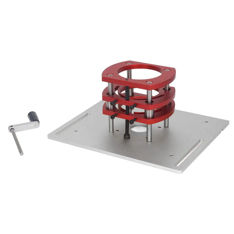 Zero Drama Manual Router Lift Kit featuring smooth height adjustment with sturdy alloy base plate and adjustment handle in silver.