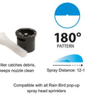 Reliable Half Circle Lawn Spray Nozzle With Adjustable 8 To 15 Feet Reach, includes debris filter and compatible with Rain Bird heads.
