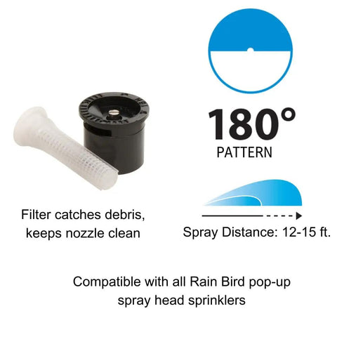 Reliable Half Circle Lawn Spray Nozzle With Adjustable 8 To 15 Feet Reach, includes debris filter and compatible with Rain Bird heads.