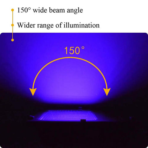 Ultra Bright 40W Black Light Flood Light showcasing 150° wide beam angle for UV glow