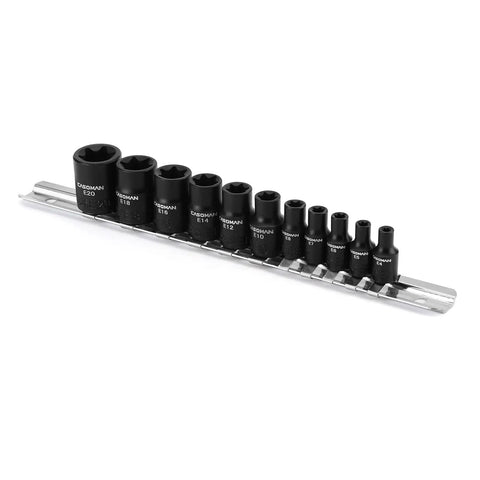Eleven Piece Female Torx Socket Set With E Torx And Star Sockets Pro Grade Heavy Duty One Quarter And Three Eighths Inch Drives Drop Forged Chrome Vanadium Black Phosphate Finish Includes Rail Clip On Storage