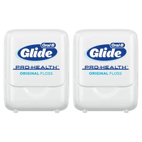Oral B Glide Original Floss Two Pack 2 X 54.6 Yards Shred Resistant Silky Smooth Wax Coated in white packaging.