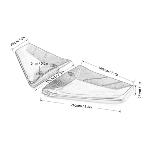 Technical sketch of Hydrofoil Stabilizer Fins For 4 To 50HP Outboard Motors Slicker Ride And Less Drag Improves Low And High Speed Steering Marine Grade ABS Plastic With Stainless Steel Hardware For Durable Performance, featuring precise measurements in millimeters and inches.