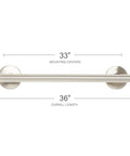 36 Inch Decorative Oval Wall Mount Grab Bar With Concealed Flanges, 1.5 Inch Diameter, ADA Compliant Satin Finish, Stainless Steel Safety Bar For Bathrooms, Seamless Mount Hardware, Easy Grip And Durable Support shown with measurements