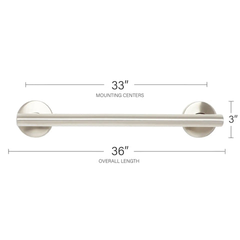 36 Inch Decorative Oval Wall Mount Grab Bar With Concealed Flanges, 1.5 Inch Diameter, ADA Compliant Satin Finish, Stainless Steel Safety Bar For Bathrooms, Seamless Mount Hardware, Easy Grip And Durable Support shown with measurements