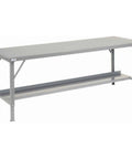 Heavy Duty Extra Long Folding Assembly Workbench Built Like A Tank With Tough 13 Gauge Steel Top and Easy Fold Setup For High Volume Packing Jobs In Smooth Gray, showing flat surface and tubular legs.