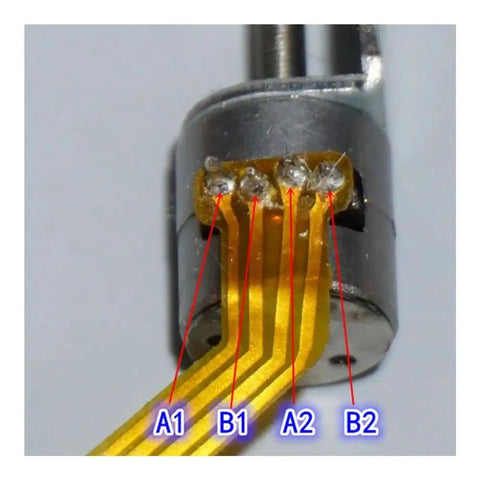 Close-up of DC 5V 30mm Linear Actuator With 8mm Travel 2-Phase 4-Wire Screw connections, visible wiring labeled A1, A2, B1, B2.