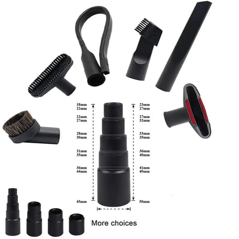 Universal Vacuum Hose Adapters Kit With Five Size Connectors For 27mm 32mm 35mm 40mm And 50mm displayed with multiple attachments