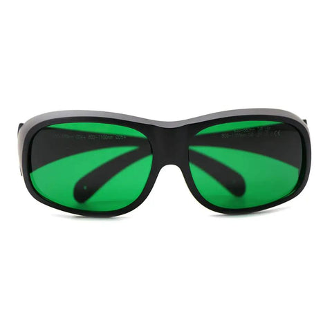 Top Shelf Red Laser Goggles Built Tough For 635nm 660nm 808nm 905nm 980nm Diode Beams With Rock Solid Od4 Plus Eye Shielding And Crisp Clear Vision During Heavy Duty Workshop Jobs, front view of green-tinted safety eyewear.