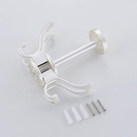 Straight Up Solid Wall Mounted Coat Rack With Five Rotating Metal Hooks, premium gold and white, includes mounting screws.