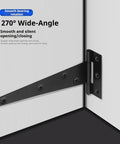 Heavy Duty Iron T Type Hinges 4 Inch Four Pack Built To Last For Wooden Crates Bags Indoor Outdoor Use Villa Fences And More Sturdy 1.2mm Thick Hardware, shown in black with screws mounted at 270° wide-angle on a white surface.